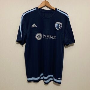 Sporting KC Adidas Dark Blue Soccer Jersey with Light Blue Stripes, Size XL